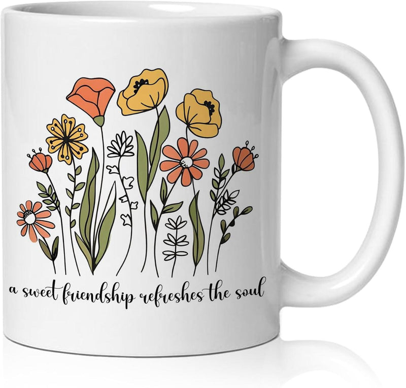 Tailorly White Ceramic 11 oz Mug - A Sweet Friendship Refreshes The Soul Hand Drawn Wildflowers Blooming With Green Leaves And Stems Wildflower