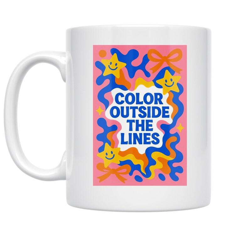Tailorly White Ceramic 11 oz Mug - Color Outside The Lines Colorful Abstract Wavy Shapes With Playful Smiling Stars And Pink Bows Star