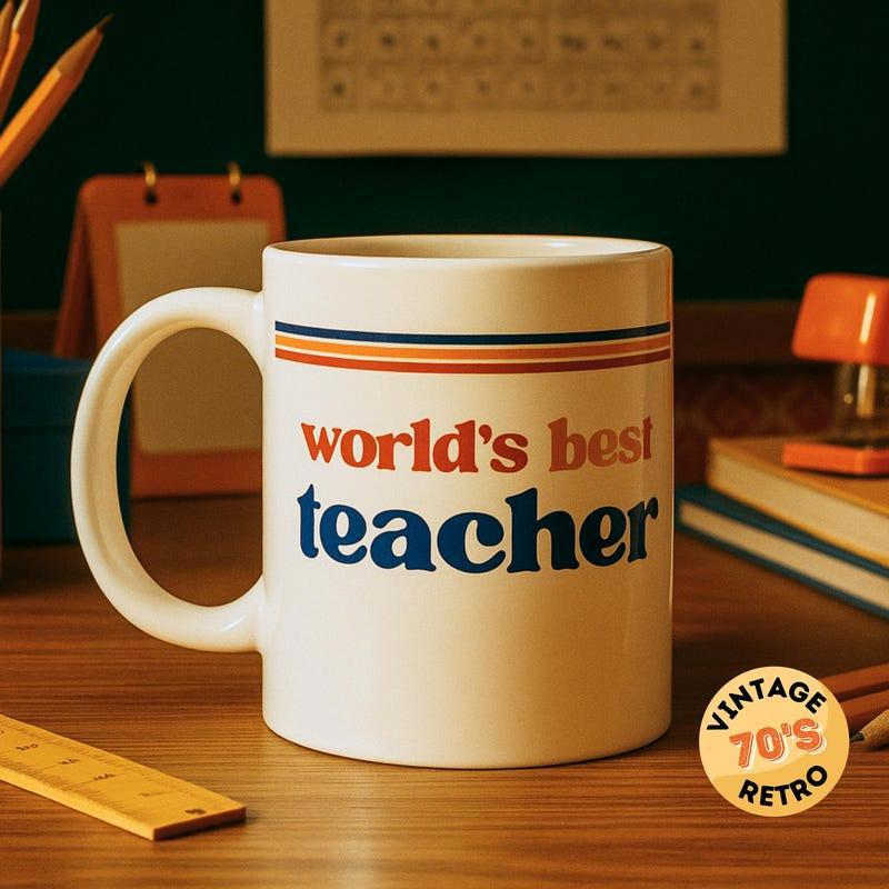 Tailorly White Ceramic 11 oz Mug - World's Best Teacher Vintage Seventy Style Stripes For School Instructor Appreciation Gift Mug