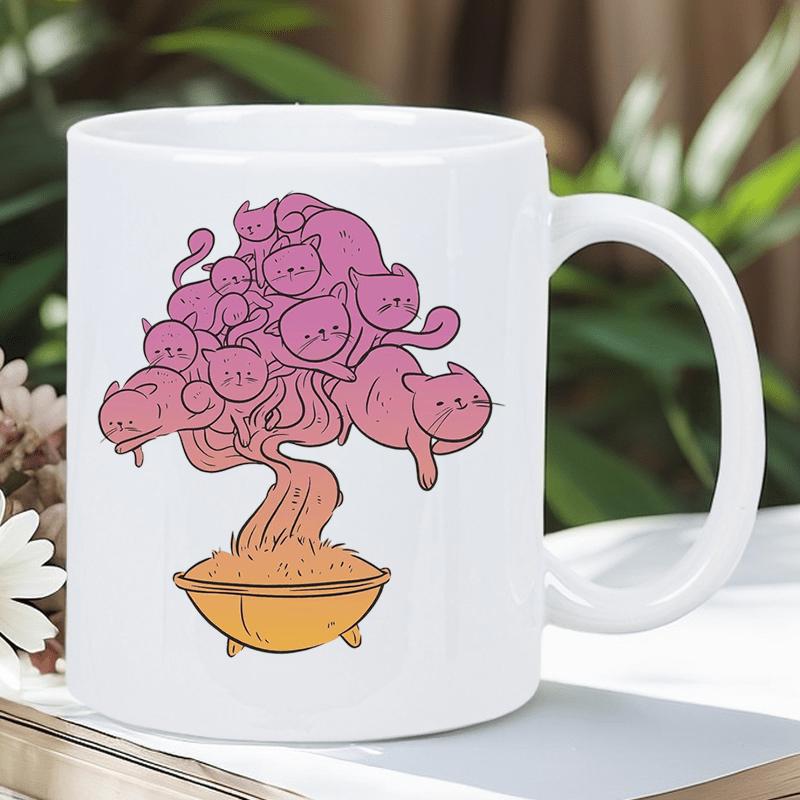 Tailorly White Ceramic 11 oz Mug - Whimsical Pink Kittens Forming A Thick Canopy On A Tiny Potted Bonsai