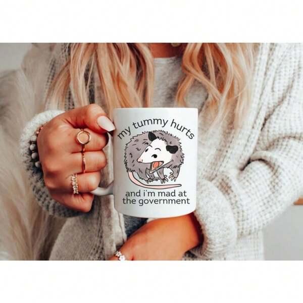 Tailorly White Ceramic 11 oz Mug - My Tummy Hurts And Im Mad At The Government Silly Shivering Animal Curling Up Within A Simple Hand Drawn Sketch Opossum