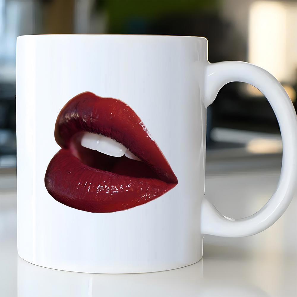 Tailorly White Ceramic 11 oz Mug - Glossy Deep Red Open Lips Showing White Teeth Seductive Lips