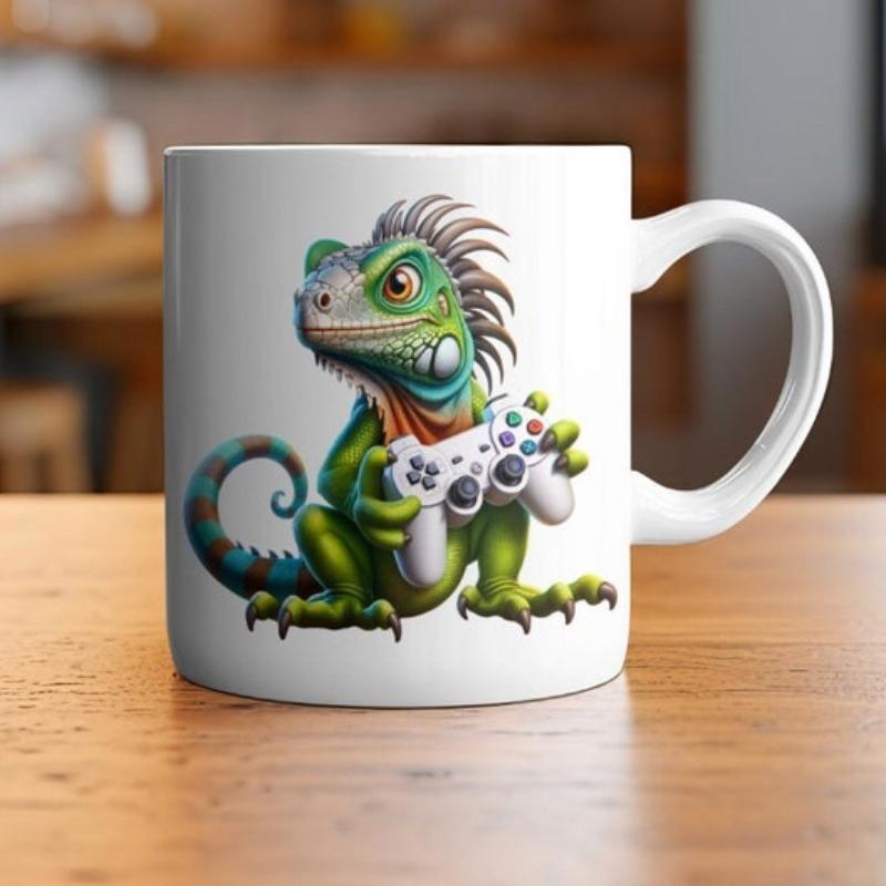 Tailorly White Ceramic 11 oz Mug - Vibrant Green Lizard Holding White Game Controller With Spiky Crest Scales Iguana
