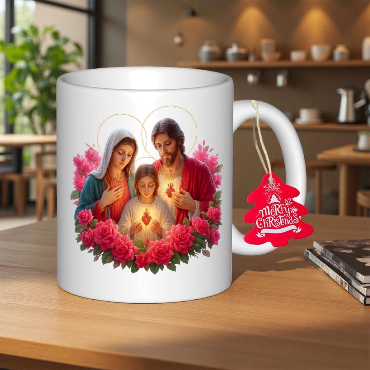 Tailorly White Ceramic 11 oz Mug - Merry Christmas Sacred Heart And Vibrant Roses Surrounding The Blessed Holy Family