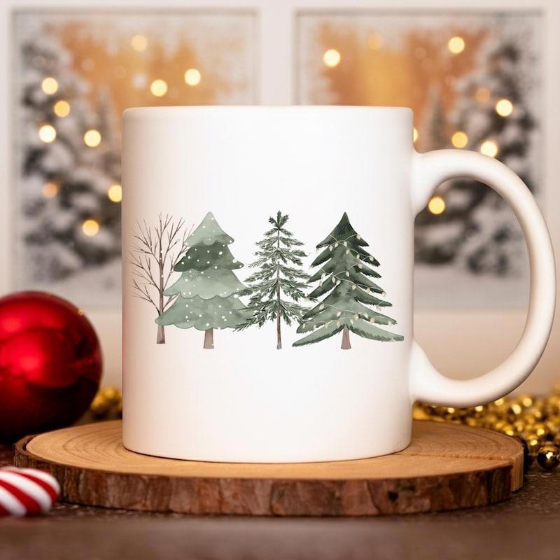 Tailorly White Ceramic 11 oz Mug - Minimalist Watercolor Evergreen Forest Standing Silently On A Snowy Morning Tree