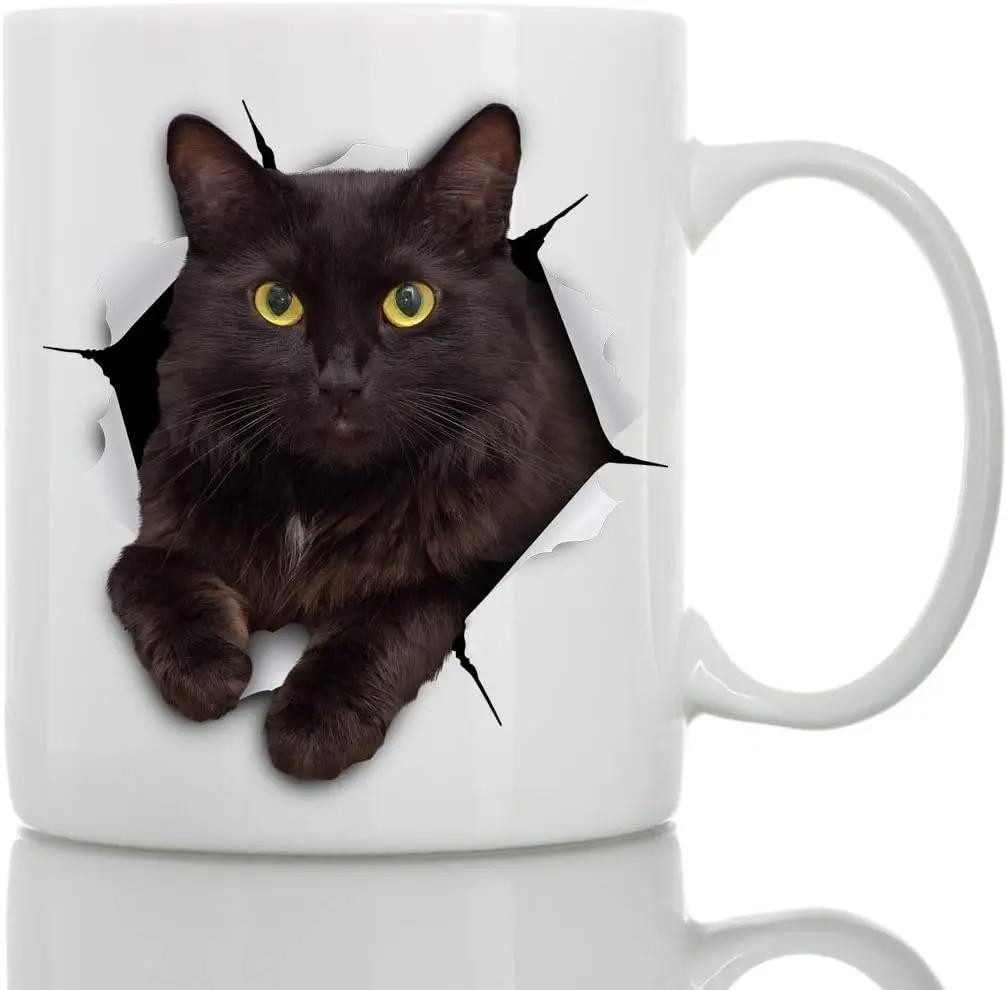 Tailorly White Ceramic 11 oz Mug - Mysterious Realistic Black Feline Peeking Through A Rippled Torn Paper Hole Cat