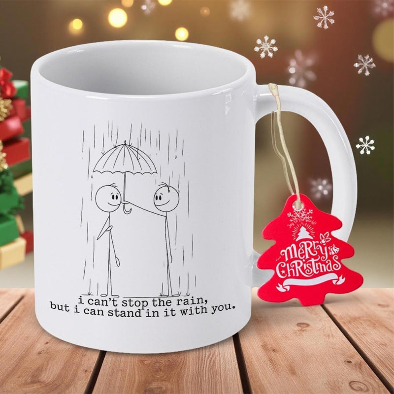 Tailorly White Ceramic 11 oz Mug - I Cant Stop The Rain But I Can Stand In It With You Simple Minimalist Line Art Sketch Figures Under An Umbrella