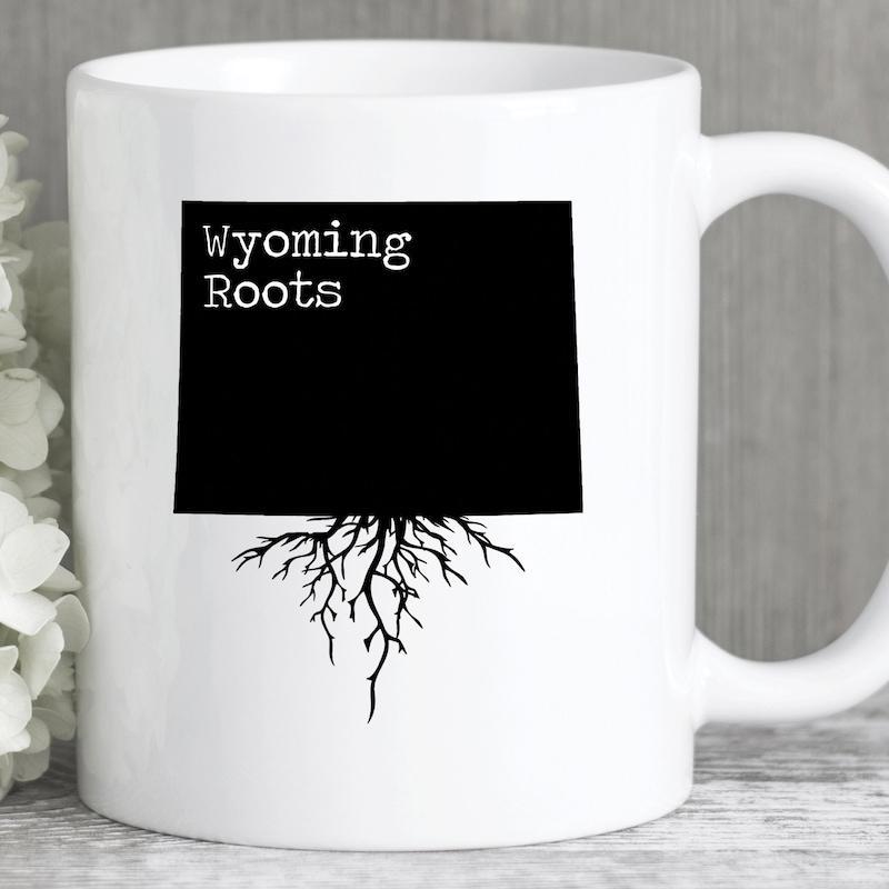 Tailorly White Ceramic 11 oz Mug - Wyoming Roots Black State Map Silhouette With Detailed Roots Growing From Bottom Map