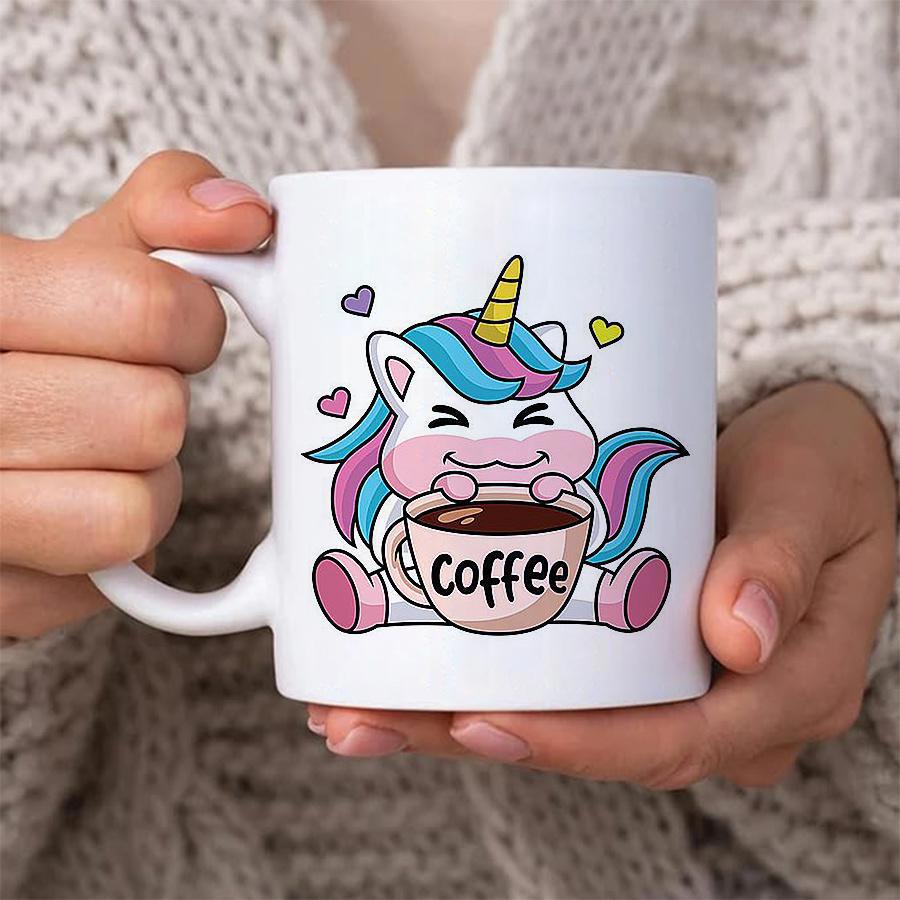 Tailorly White Ceramic 11 oz Mug - Coffee Adorable Chubby Magical Creature Holding A Cup Of Warm Morning Unicorn