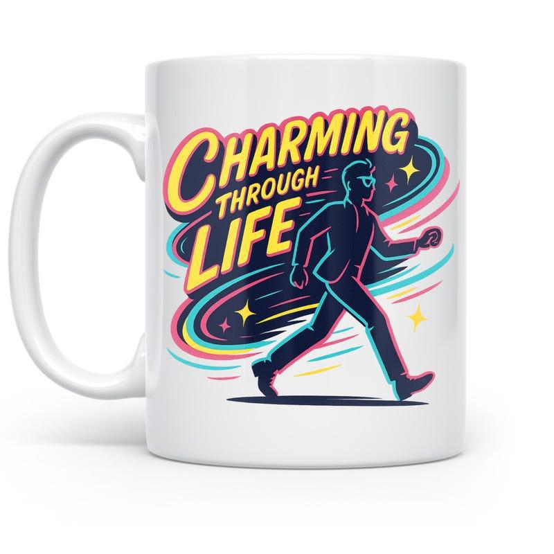 Tailorly White Ceramic 11 oz Mug - Charming Through Life Colorful Dynamic Motion Lines Surrounding A Stylish Confident Walking Man