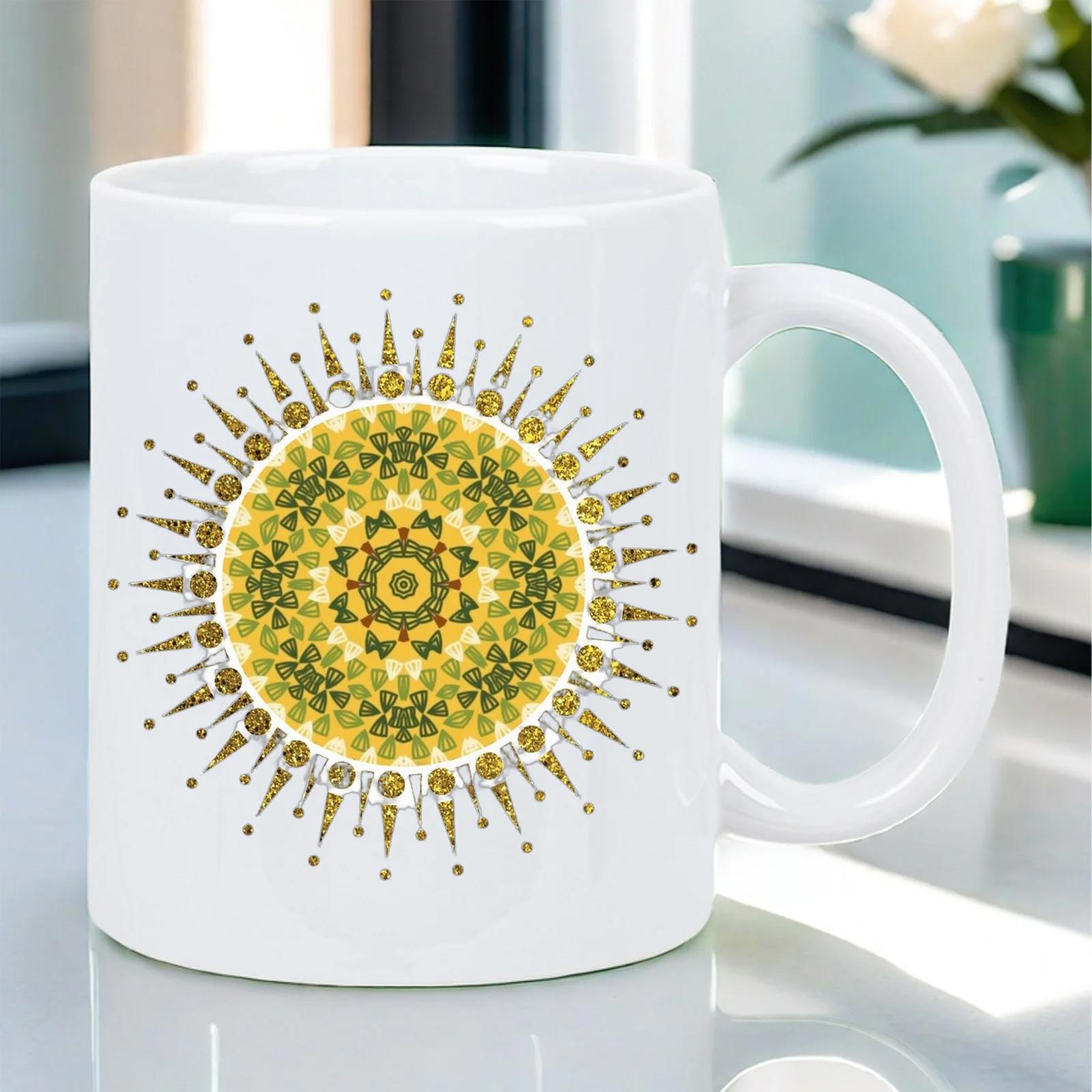Tailorly White Ceramic 11 oz Mug - Intricate Yellow And Green Geometric Radial Pattern With A Glowing Sunburst Mandala