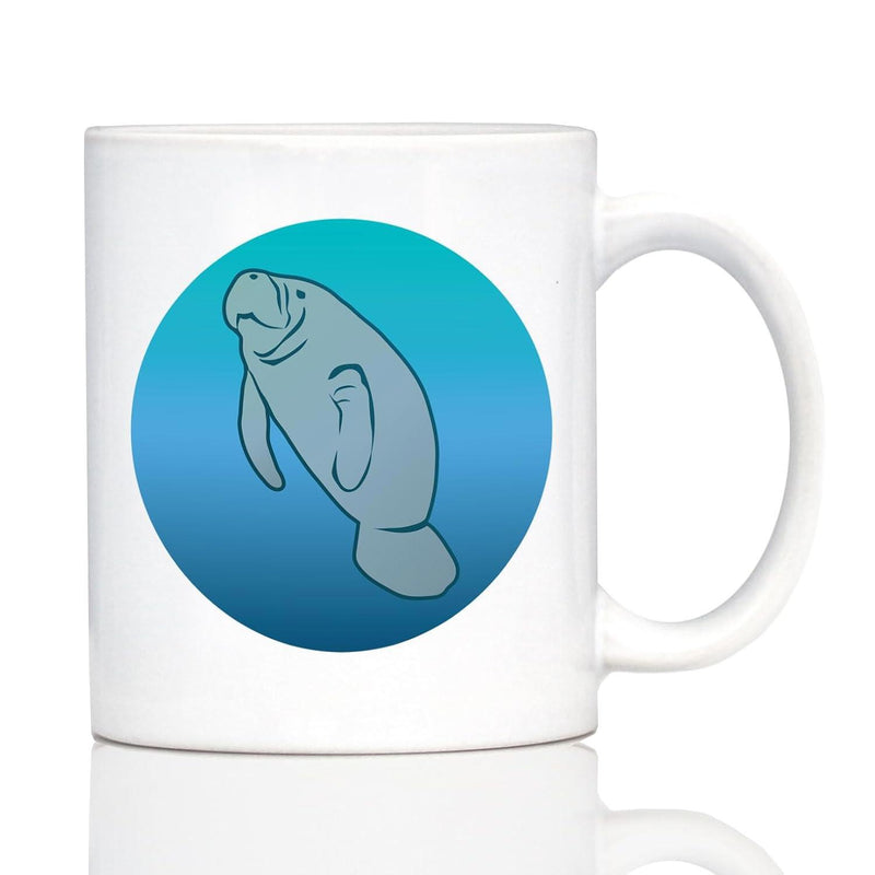 Tailorly White Ceramic 11 oz Mug - Graceful Sea Cow Swimming Within A Vibrant Blue Circular Gradient Background Manatee