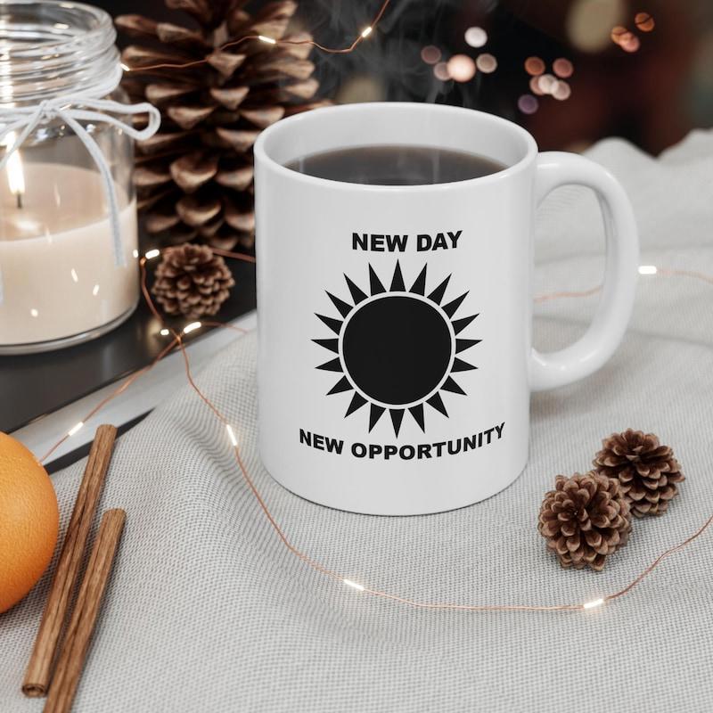 Tailorly White Ceramic 11 oz Mug - New Day New Opportunity Minimalist Geometric Black Sun Radiant Rays Morning Motivation Sun