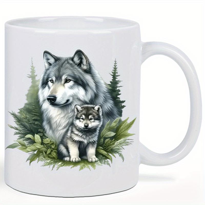 Tailorly White Ceramic 11 oz Mug - Majestic Alpha With Small Pup Nestled Among Pine Forest Trees Wolf