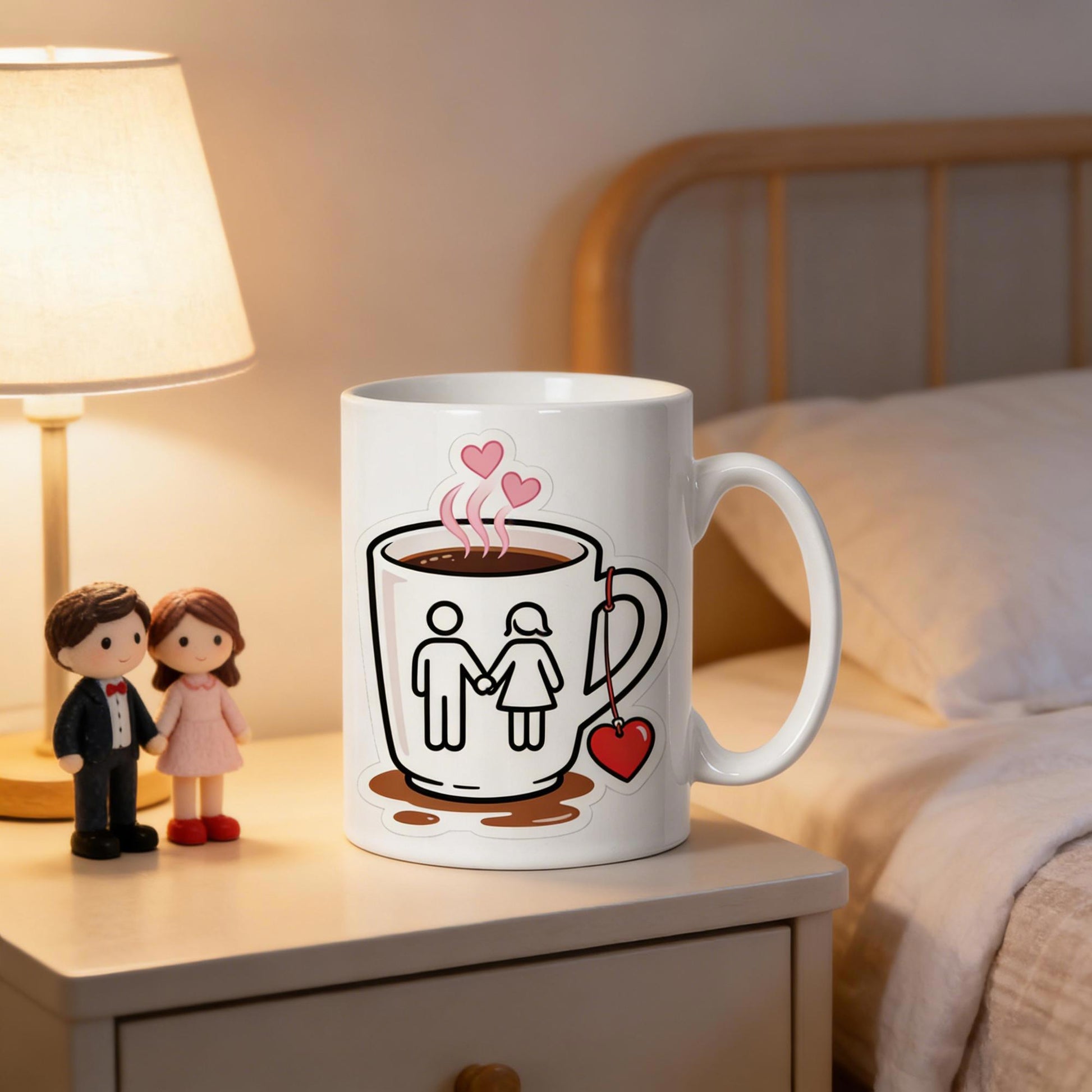 Tailorly White Ceramic 11 oz Mug - Hand Drawn Romantic Couple Holding Hands Inside A Steaming Coffee Cup