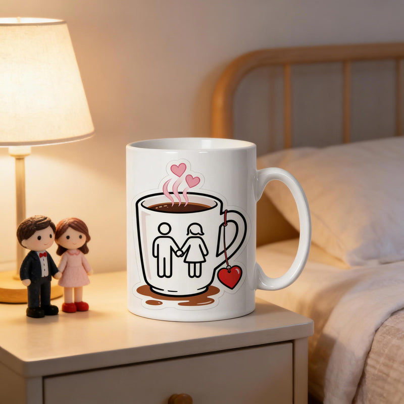 Tailorly White Ceramic 11 oz Mug - Hand Drawn Romantic Couple Holding Hands Inside A Steaming Coffee Cup