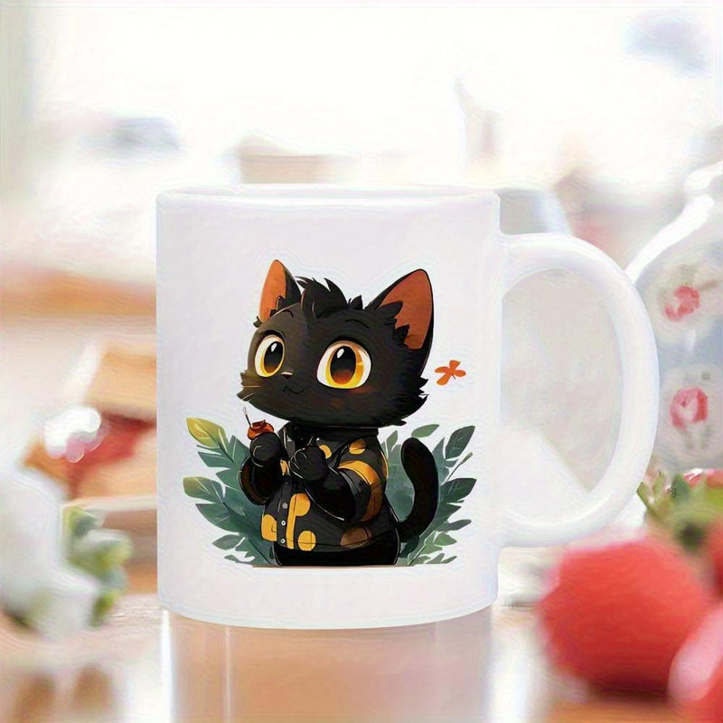 Tailorly White Ceramic 11 oz Mug - Adorable Black Kitten Wearing Patterned Vest Resting Among Lush Green Leaves Cat