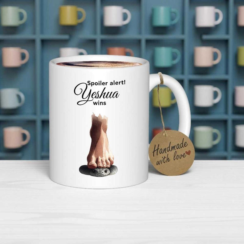 Tailorly White Ceramic 11 oz Mug - Spoiler Alert Yeshua Wins Holy Foot Crushing A Dark Serpent Snake On The Ground Mug