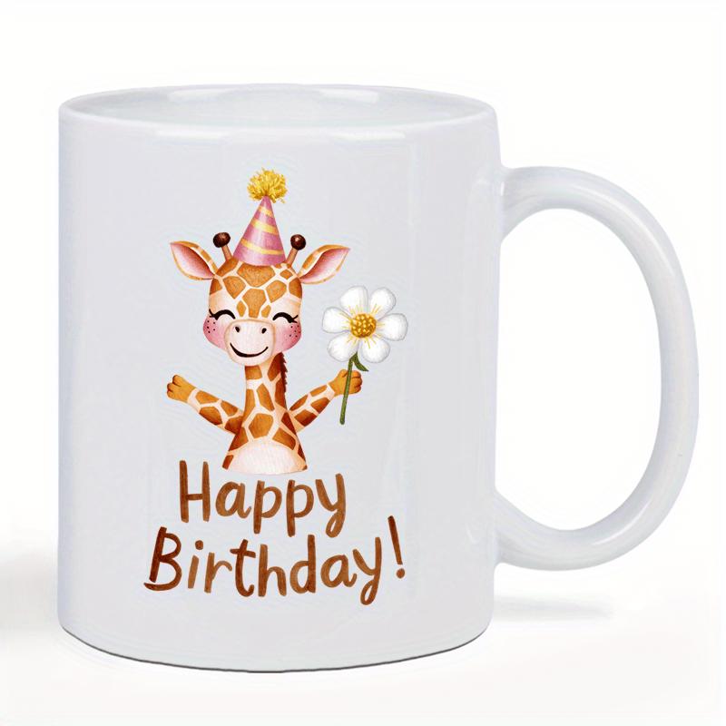 Tailorly White Ceramic 11 oz Mug - Happy Birthday Cute Watercolor Baby Giraffe Wearing Pink Party Hat Holding White Flower Giraffe