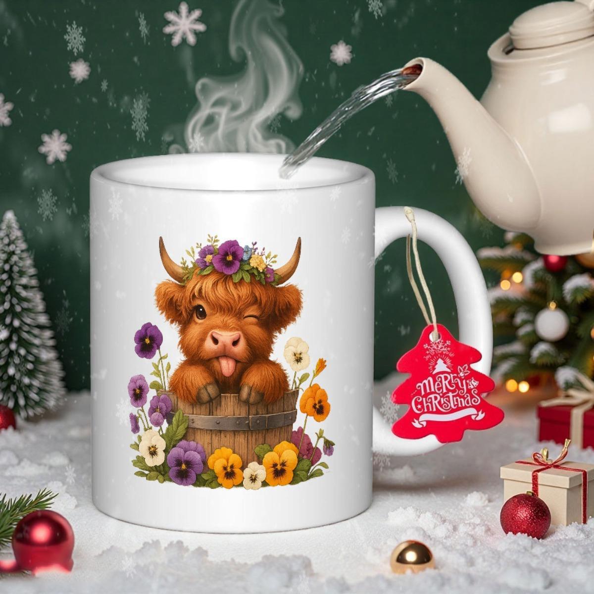 Tailorly White Ceramic 11 oz Mug - Adorable Fluffy Highland Cow Wearing Colorful Floral Crown In Wooden Barrel Cow