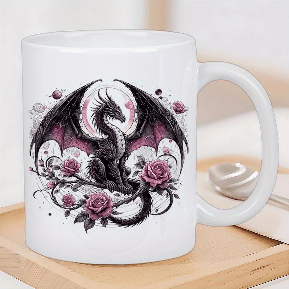 Tailorly White Ceramic 11 oz Mug - Mystical Black Dragon With Spread Wings Surrounded By Blooming Pink Roses Dragon