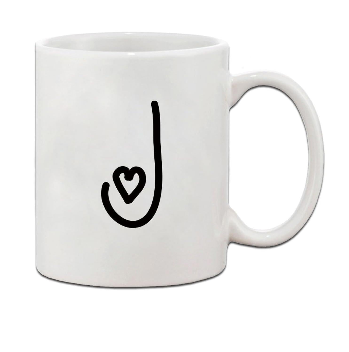 Tailorly White Ceramic 11 oz Mug - Minimalist Black Ink Line Drawing With Delicate Curving Monogram Stroke And Heart