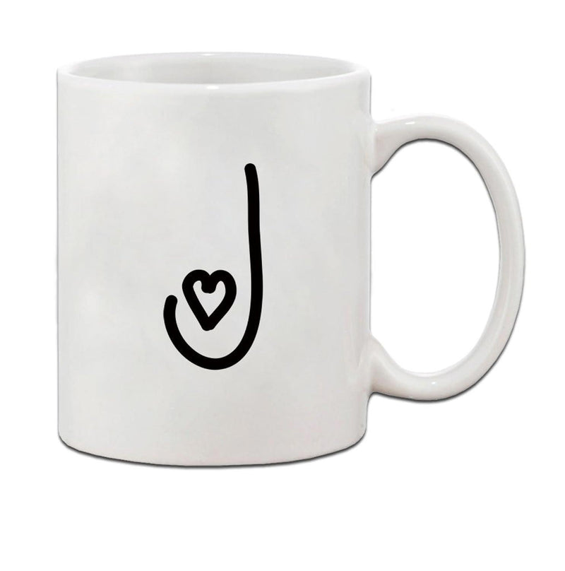 Tailorly White Ceramic 11 oz Mug - Minimalist Black Ink Line Drawing With Delicate Curving Monogram Stroke And Heart