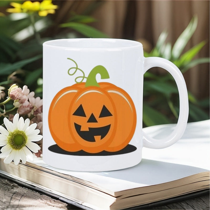 Tailorly White Ceramic 11 oz Mug - Vibrant Orange Halloween Jack O Lantern With A Carved Smiling Face Pumpkin