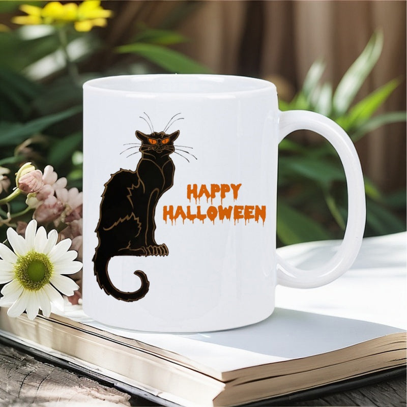 Tailorly White Ceramic 11 oz Mug - Happy Halloween Spooky Black Feline Sitting Quietly With Glowing Eyes And Long Tail Cat