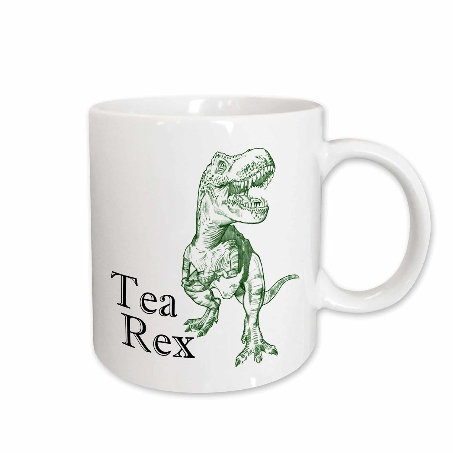 Tailorly White Ceramic 11 oz Mug - Tea Rex Detailed Green Sketch Of A Majestic Prehistoric Creature Standing Upright T Rex