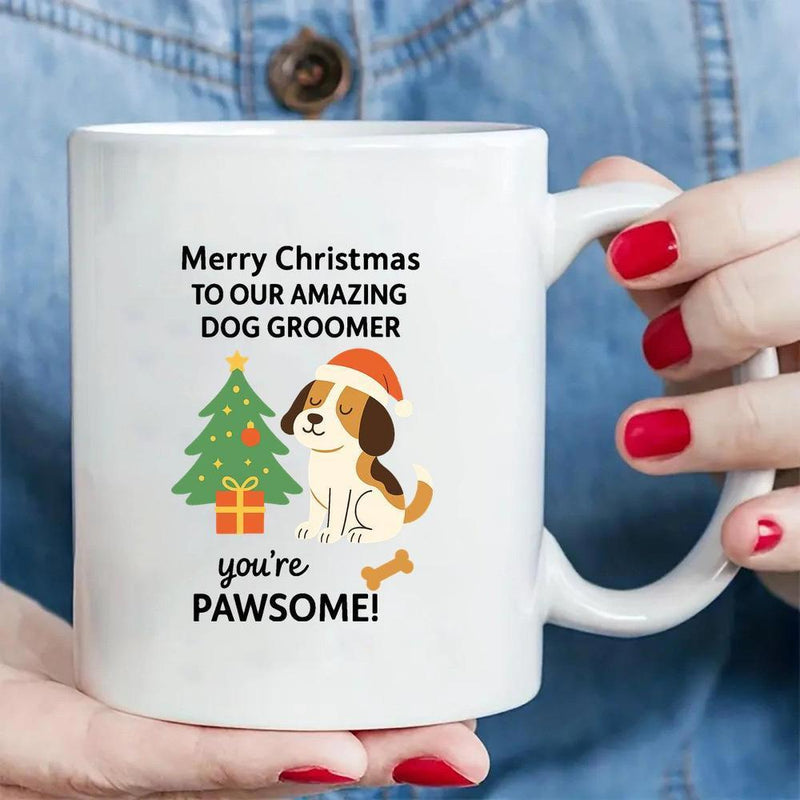 Tailorly White Ceramic 11 oz Mug - Merry Christmas To Our Amazing Dog Groomer Youre Pawsome Festive Cartoon Beagle Wearing Santa Hat Beside Decorated Christmas