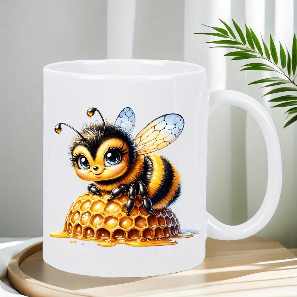 Tailorly White Ceramic 11 oz Mug - Adorable Tiny Bumblebee Resting On Golden Honeycomb With Crystal Blue Wings Bee