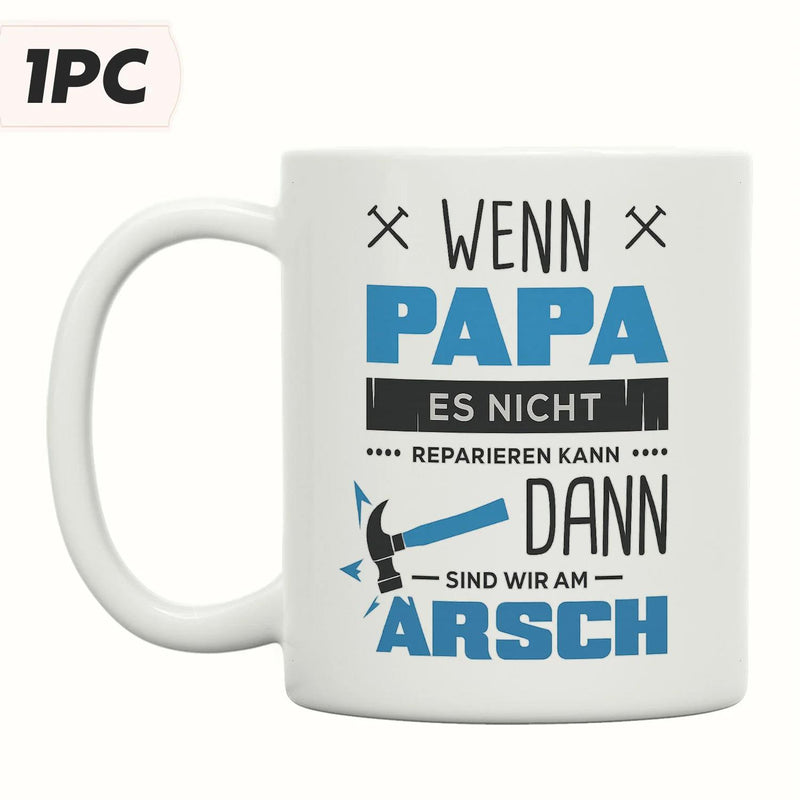 Tailorly White Ceramic 11 oz Mug - Classic Tool Design With Blue Handle And Crossed Small Icons Graphic Hammer