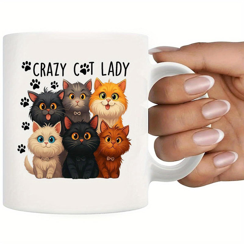 Tailorly White Ceramic 11 oz Mug - Crazy Cat Lady Six Adorable Colorful Cartoon Kittens Sitting Together Among Tiny Black Paw Prints Cat