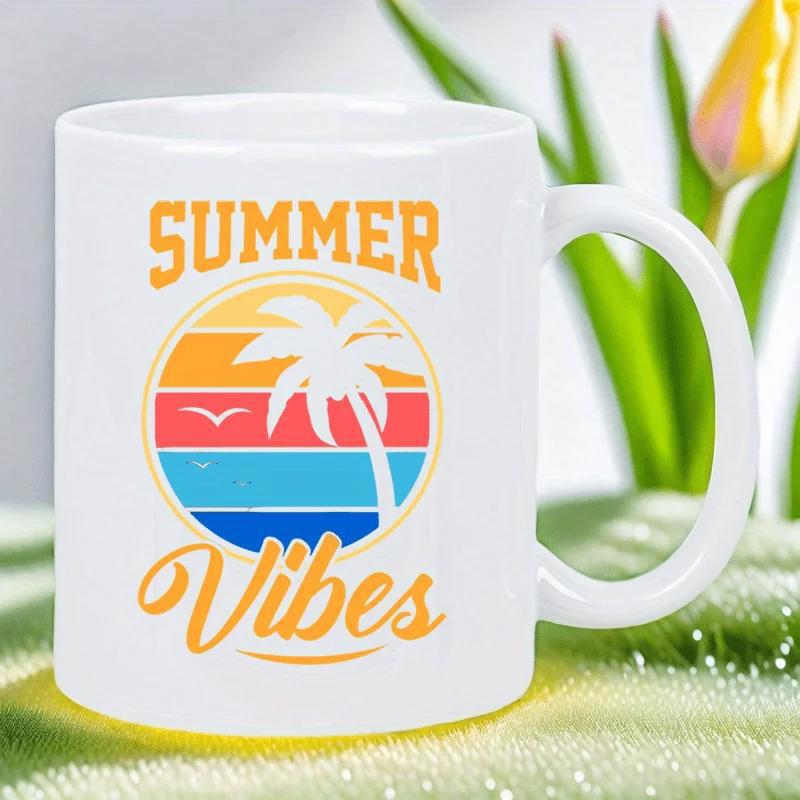 Tailorly White Ceramic 11 oz Mug - Summer Vibes Colorful Retro Sunset With Horizontal Stripes And A Tropical Silhouette Palm Tree