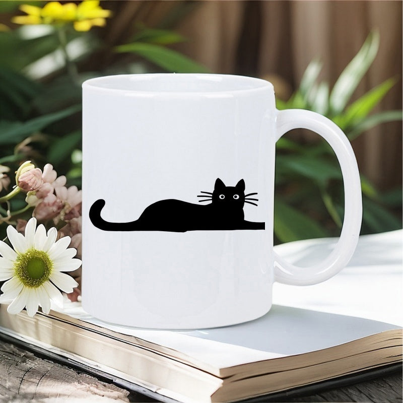 Tailorly White Ceramic 11 oz Mug - Minimalist Black Silhouette Lying Gracefully On A Solid Surface Cat