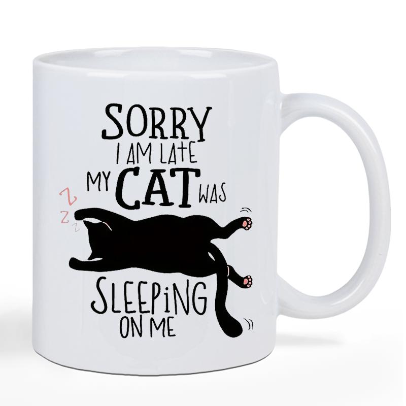 Tailorly White Ceramic 11 oz Mug - Sorry I Am Late My Cat Was Sleeping On Me Stretching Black Feline Silhouette With Tiny Red Symbols Cat