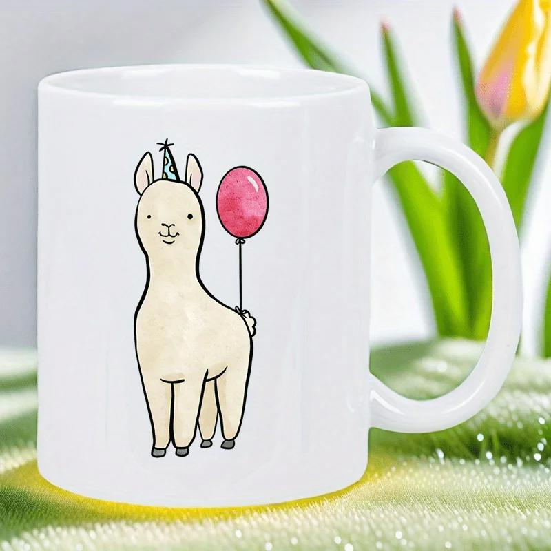 Tailorly White Ceramic 11 oz Mug - Charming White Watercolor Alpaca Wearing A Party Hat Holding A Pink Balloon Llama