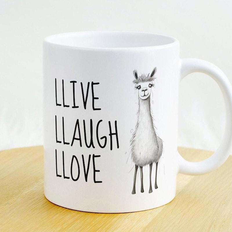 Tailorly White Ceramic 11 oz Mug - Llive Llaugh Llove Hand Drawn Sketchy Furry Standing With A Gentle Expression Llama
