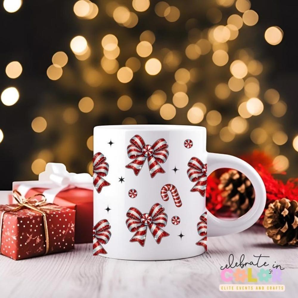 Tailorly White Ceramic 11 oz Mug - Festive Red Striped Patterns With Candy Canes And Sparkling Stars Bow