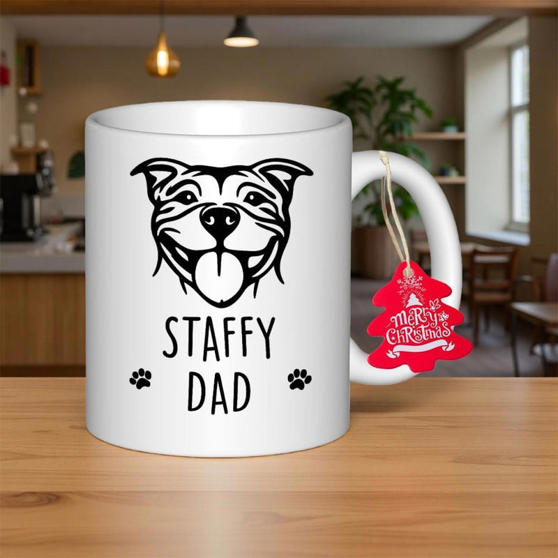 Tailorly White Ceramic 11 oz Mug - Staffy Dad Happy Smiling Graphic With Two Small Black Paw Prints Dog