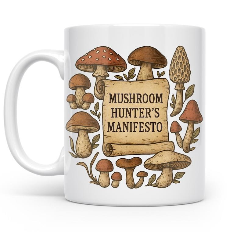 Tailorly White Ceramic 11 oz Mug - Mushroom Hunter's Manifesto Hand Drawn Botanical Mushrooms Surrounding An Aged Vintage Paper Scroll Mushroom