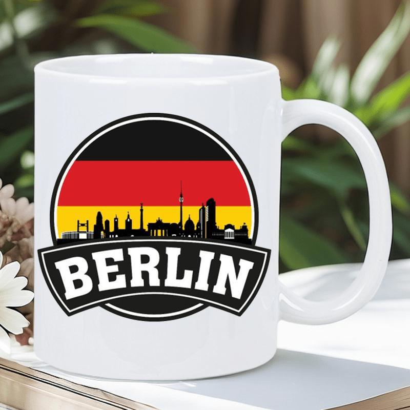 Tailorly White Ceramic 11 oz Mug - Berlin Iconic City Skyline Silhouette Under German Flag Colors Emblem Mug