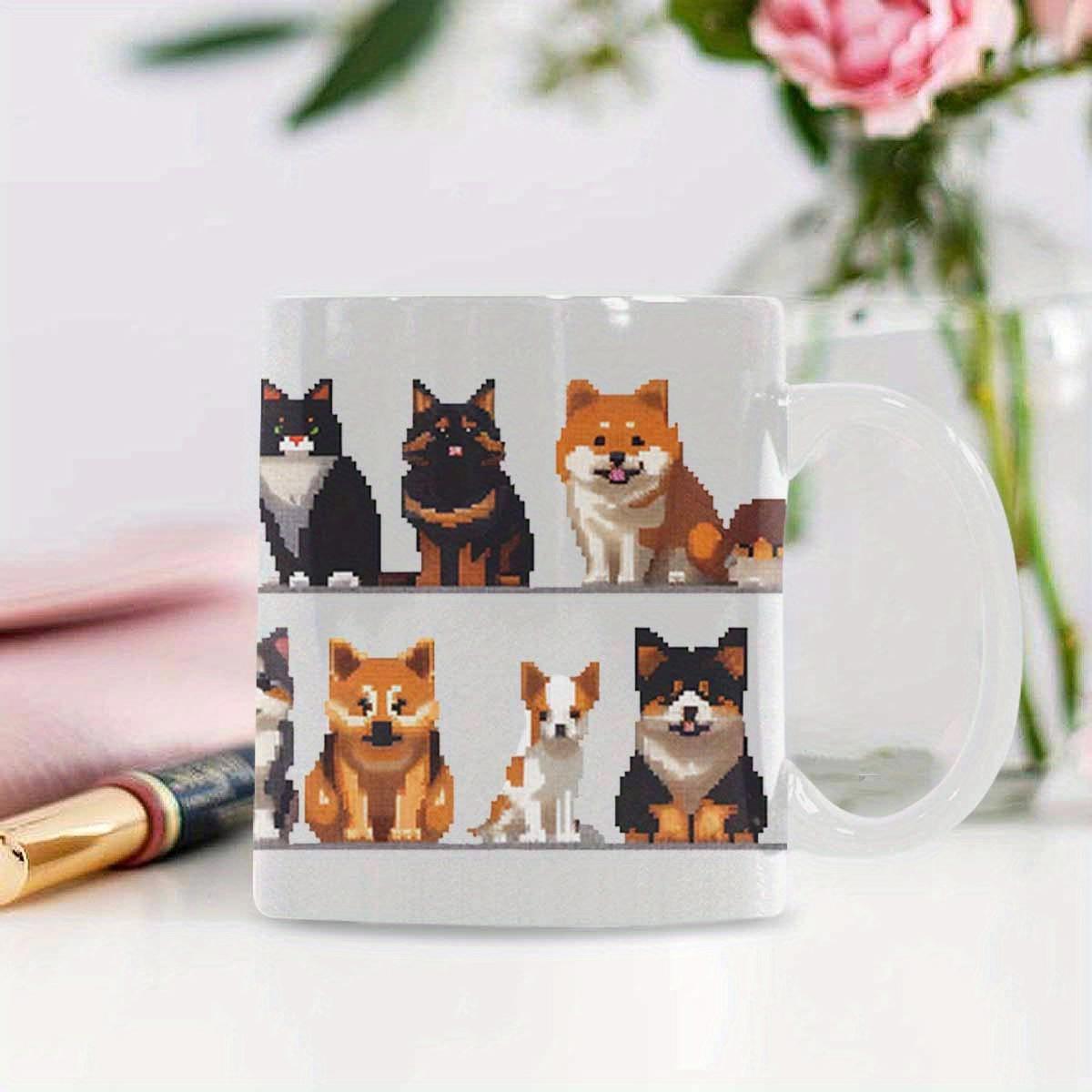 Tailorly White Ceramic 11 oz Mug - Adorable Assorted Cartoon Dogs And Cats Sitting In Neat Rows Pets