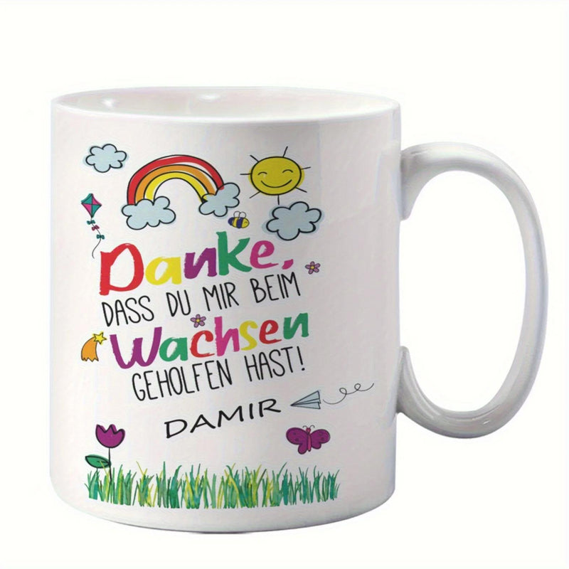 Tailorly White Ceramic 11 oz Mug - Colorful Hand Drawn Illustration With Smiling Sun Clouds And Vibrant Rainbow