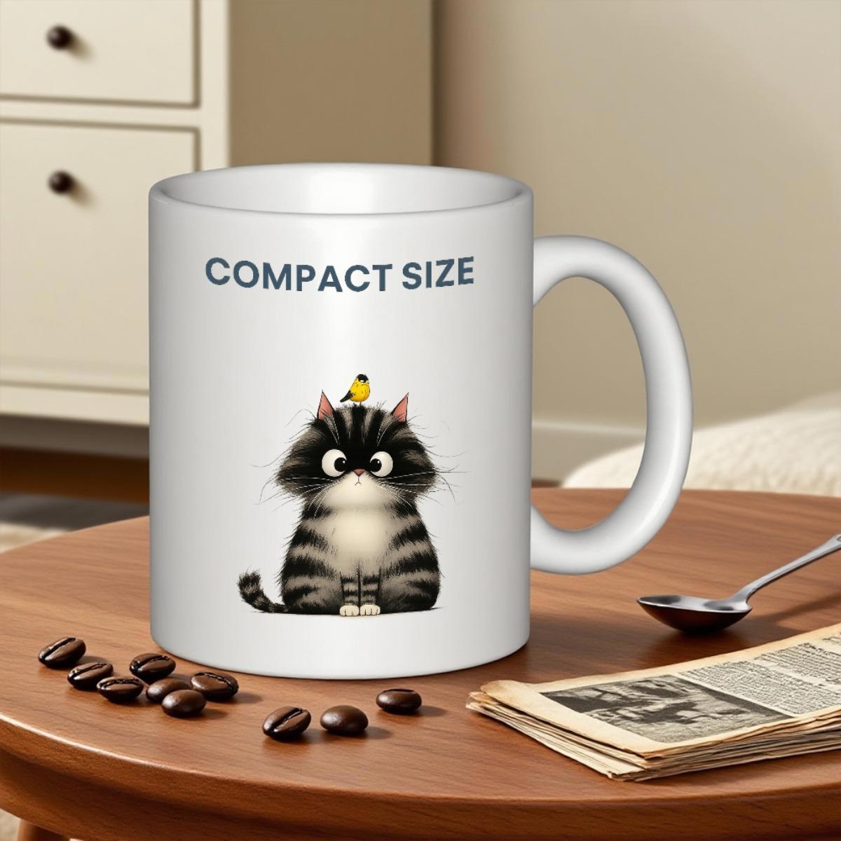 Tailorly White Ceramic 11 oz Mug - Compact Size Adorable Fluffy Striped Kitten Sitting With Small Yellow Bird Perched On Head Cat