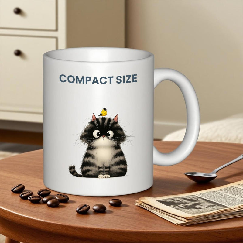Tailorly White Ceramic 11 oz Mug - Compact Size Adorable Fluffy Striped Kitten Sitting With Small Yellow Bird Perched On Head Cat