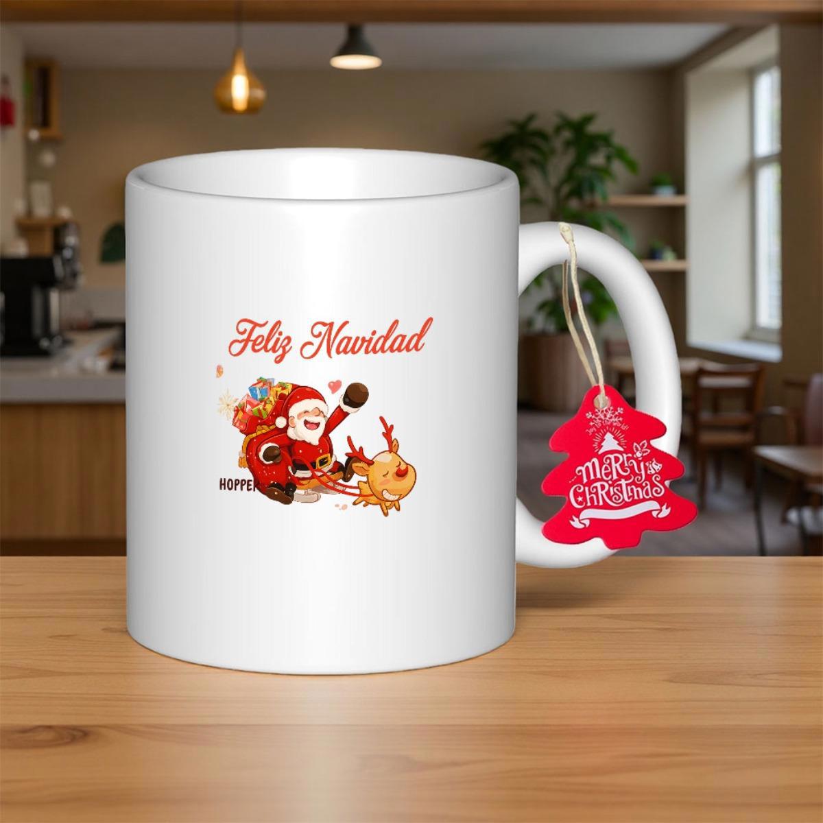 Tailorly White Ceramic 11 oz Mug - Merry Christmas Joyful Jolly Santa Claus Riding A Reindeer Delivering Festive Gifts Santa