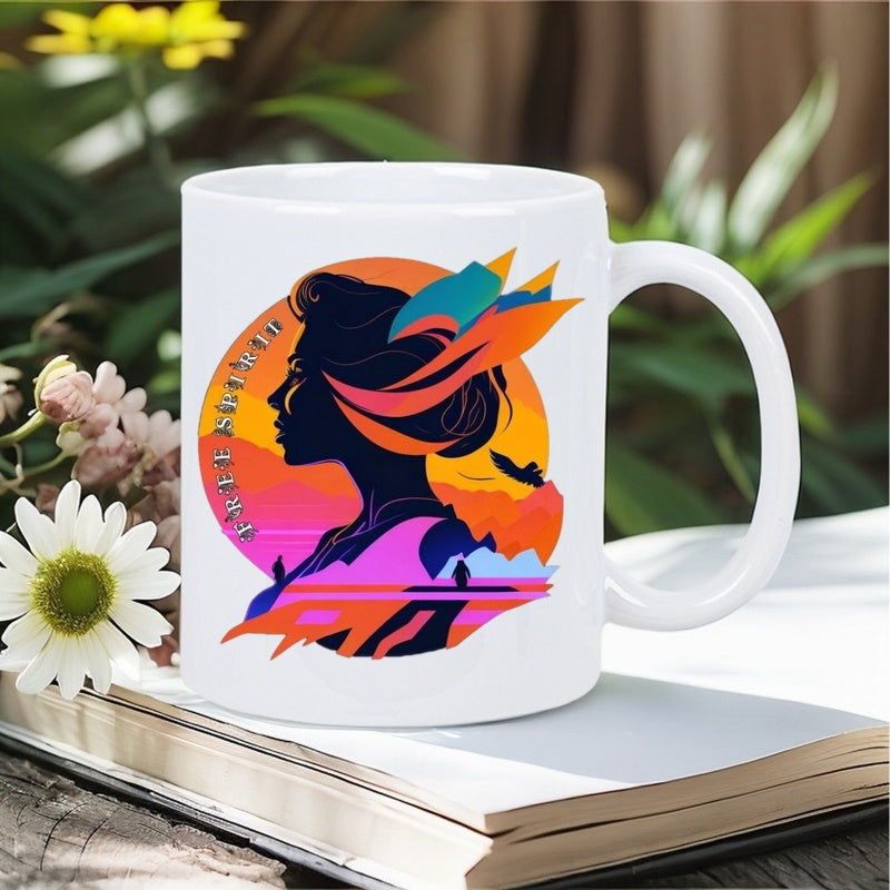 Tailorly White Ceramic 11 oz Mug - Free Spirit Colorful Landscape Silhouette Showing Sunset Over Mountains Inside A Graceful Woman