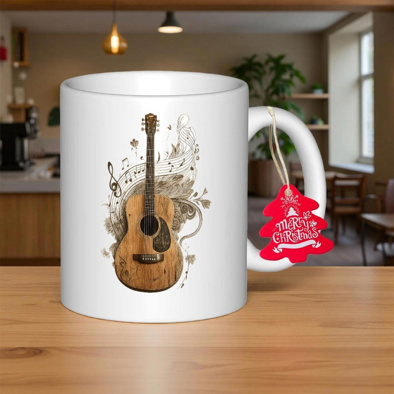 Tailorly White Ceramic 11 oz Mug - Artistic Vintage Sketch Featuring Musical Notes Around A Classic Acoustic Guitar